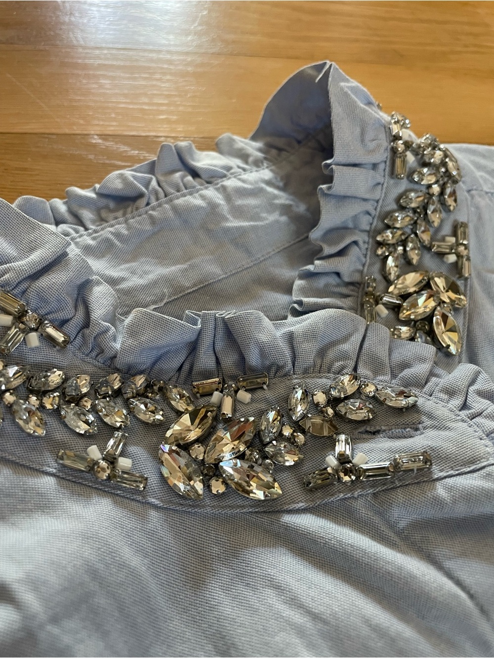 J. Crew Sleeveless Light Blue Ruffled Collar Top with Embellished Neckline - Picture 5 of 6